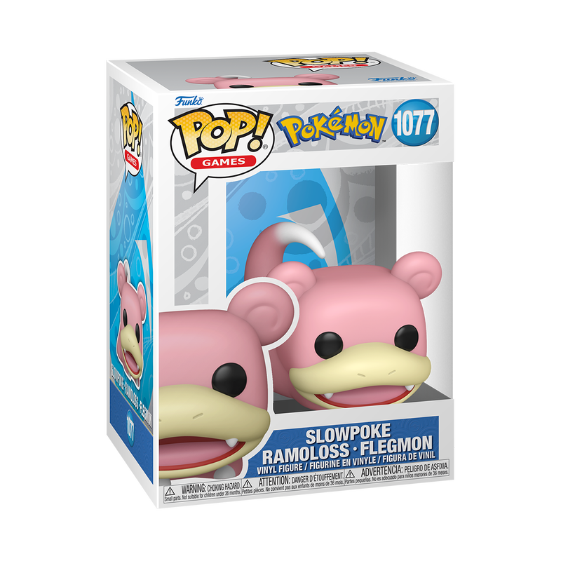 Funko POP! Pokemon: Slowpoke - #1077 by Funko, a stylized vinyl figure depicting the pink Pokémon Slowpoke with its signature wide mouth, large eyes, and curled white-tipped tail, is displayed facing forward against a white background.