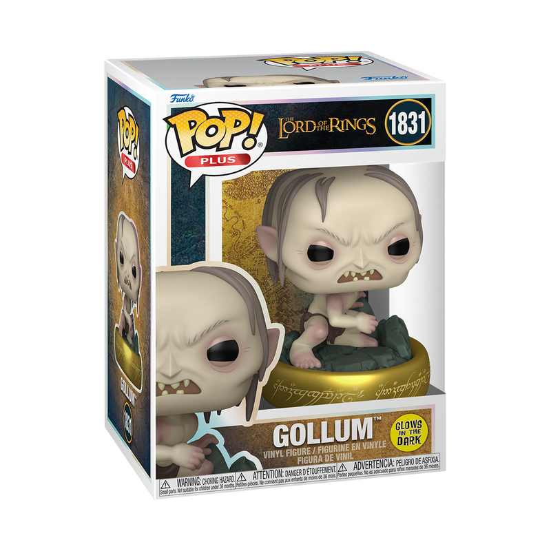 A Funko POP! Lord of the Rings: Plus Gollum (Glow) vinyl figure featuring a pale, crouching Gollum with a large head and sharp teeth, sitting atop a gold ring engraved with glowing Elvish script.