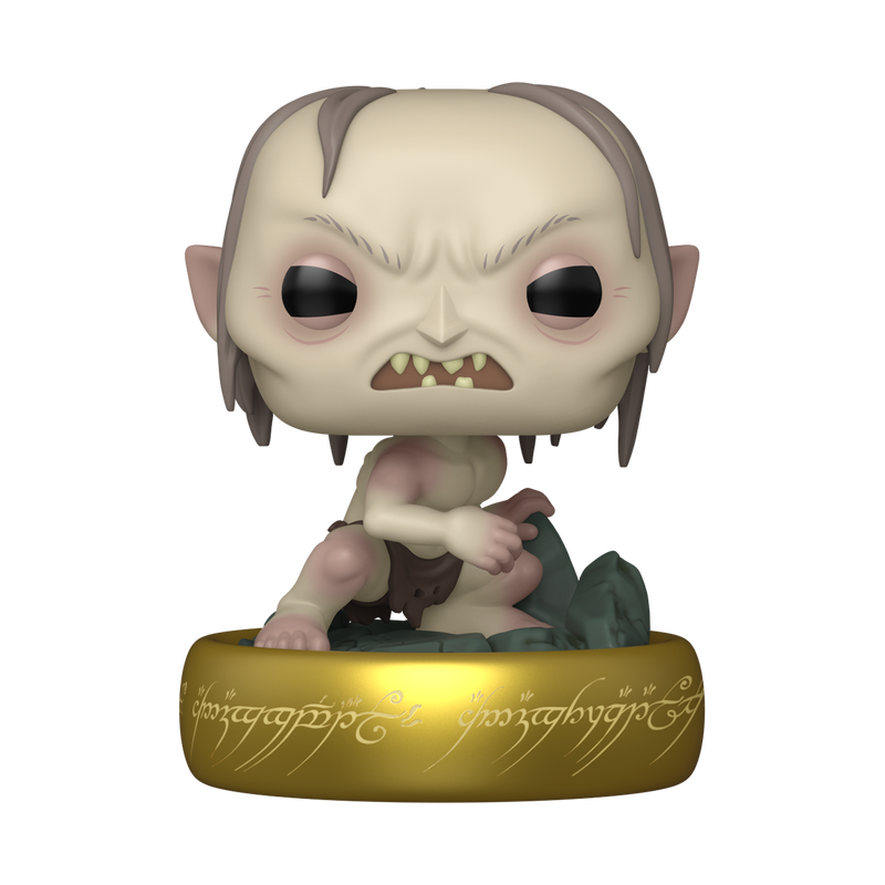 A Funko POP! Lord of the Rings: Plus Gollum (Glow) vinyl figure featuring a pale, crouching Gollum with a large head and sharp teeth, sitting atop a gold ring engraved with glowing Elvish script.