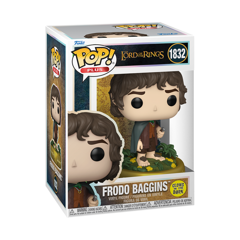 A Funko POP! Lord of the Rings: Frodo Baggins (Glow) - #1832 figure by Funko, depicting a hobbit with curly brown hair, a green cloak, brown clothes, and bare hairy feet, standing on a golden ring with Elvish script and leaves.