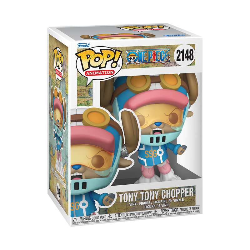 Funko POP! One Piece: Tony Tony Chopper (Egghead Arc) #2148 by Funko features an anime-style vinyl figure of Tony Tony Chopper wearing antlers, goggles, a helmet, and a blue SSGO-marked outfit. The figure stands on a cloud with outstretched arms and an open mouth as if shouting.