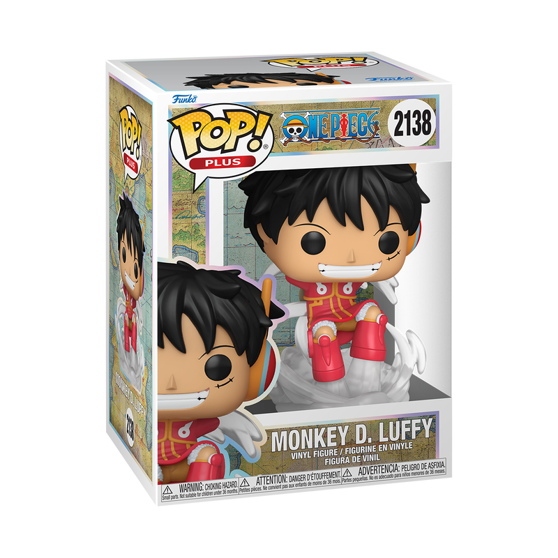 Funko POP! One Piece: Plus Monkey D. Luffy (Egghead Arc) - #2138, a grinning vinyl figure with black hair and orange headphones, wearing a red outfit and hovering above a cloud-like base.