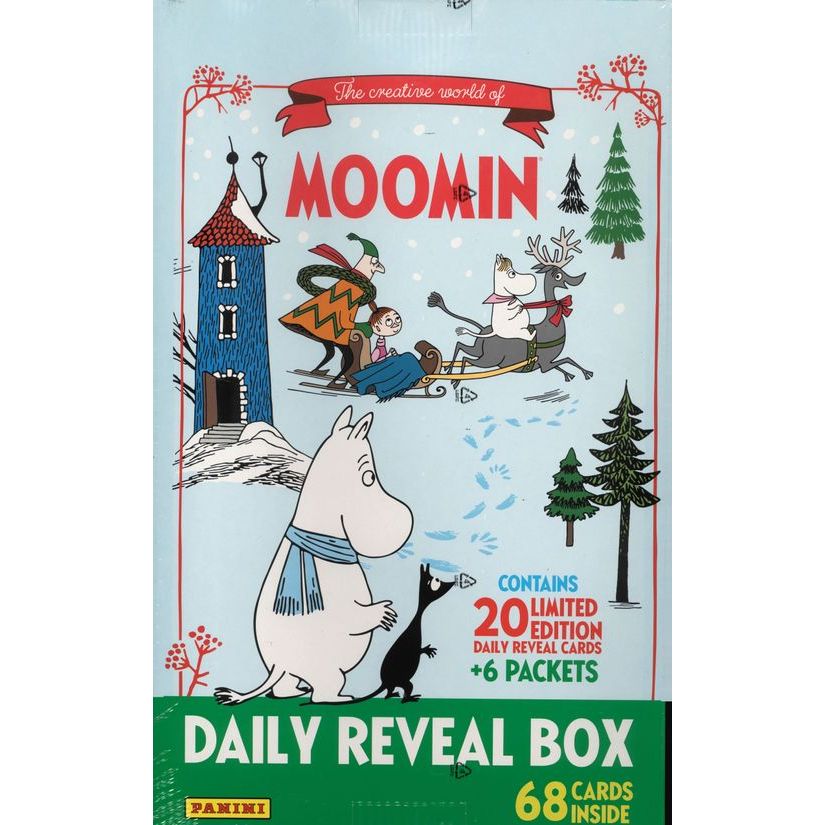 MOOMIN 2026 TC Advent Calendar box featuring illustrations of Moomin characters in a winter scene, with text indicating it contains 20 limited edition daily reveal cards and 6 packets, for a total of 68 cards.