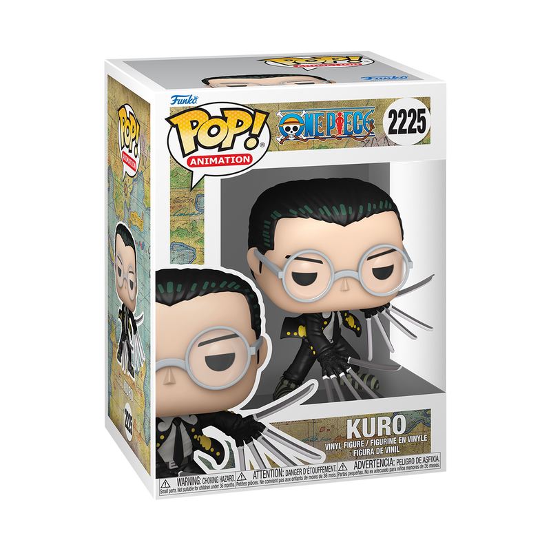 Funko POP! One Piece: Kuro (#2225) by Funko features a stylized vinyl figure of Kuro in a crouching pose, wearing round glasses, slicked-back black hair, a black suit with yellow accents, green-striped shoes, and long metal claws extending from his gloved hands.