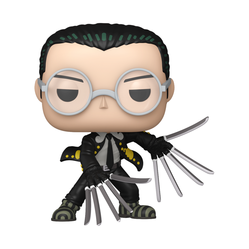 Funko POP! One Piece: Kuro (#2225) by Funko features a stylized vinyl figure of Kuro in a crouching pose, wearing round glasses, slicked-back black hair, a black suit with yellow accents, green-striped shoes, and long metal claws extending from his gloved hands.