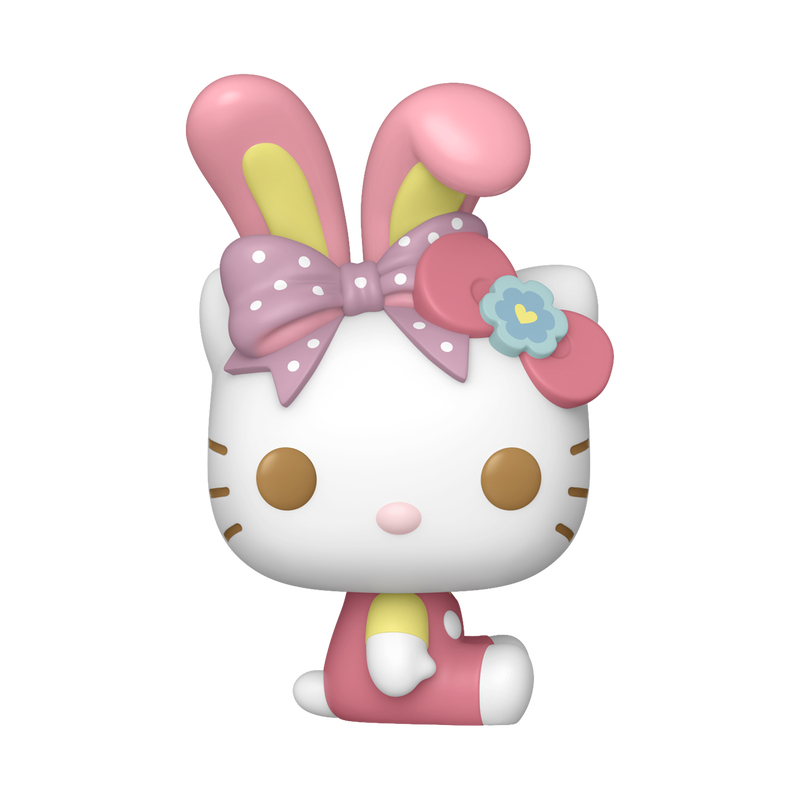 The Funko POP! Sanrio: Hello Kitty with Bunny Ears (#130) collectible by Funko features Hello Kitty wearing a pink bunny-ear hat, a pink polka-dot bow, and a blue flower, dressed in a pink and yellow outfit. This adorable figure depicts Hello Kitty with her signature white face, brown eyes, and small pink nose.