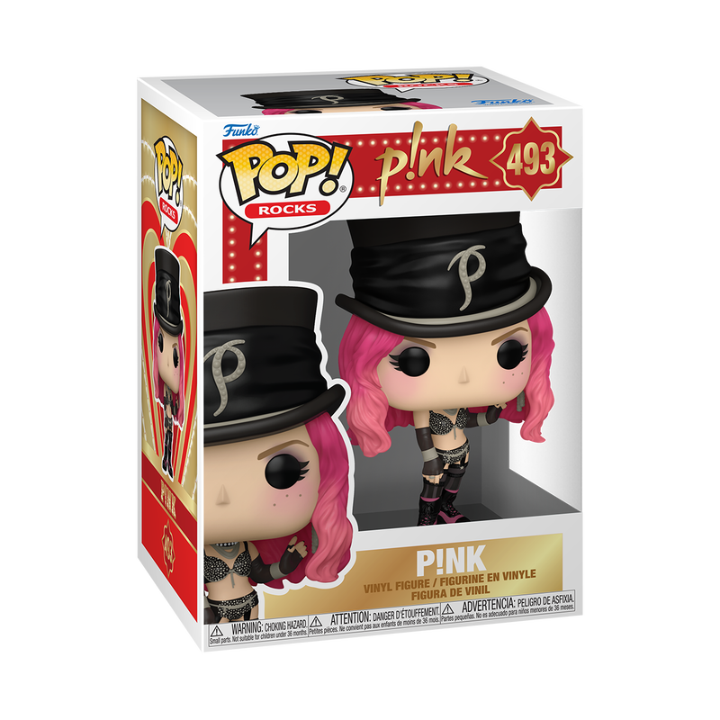 A Funko POP: Pink (Lady Marmalade) #493 figure by Funko, featuring pink hair, a black top hat with a “P” on it, a black studded outfit, and black boots, posed with one hand on her hip.