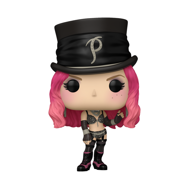 A Funko POP: Pink (Lady Marmalade) #493 figure by Funko, featuring pink hair, a black top hat with a “P” on it, a black studded outfit, and black boots, posed with one hand on her hip.