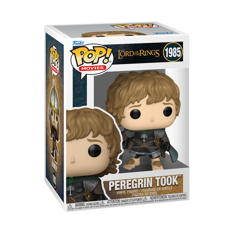 A Funko POP! Lord of the Rings: Peregrin Took (#1985) vinyl figure by Funko, featuring Pippin with shaggy brown hair, dressed in knight armor and a dark cape, holding a sword and displaying his bare hobbit feet.