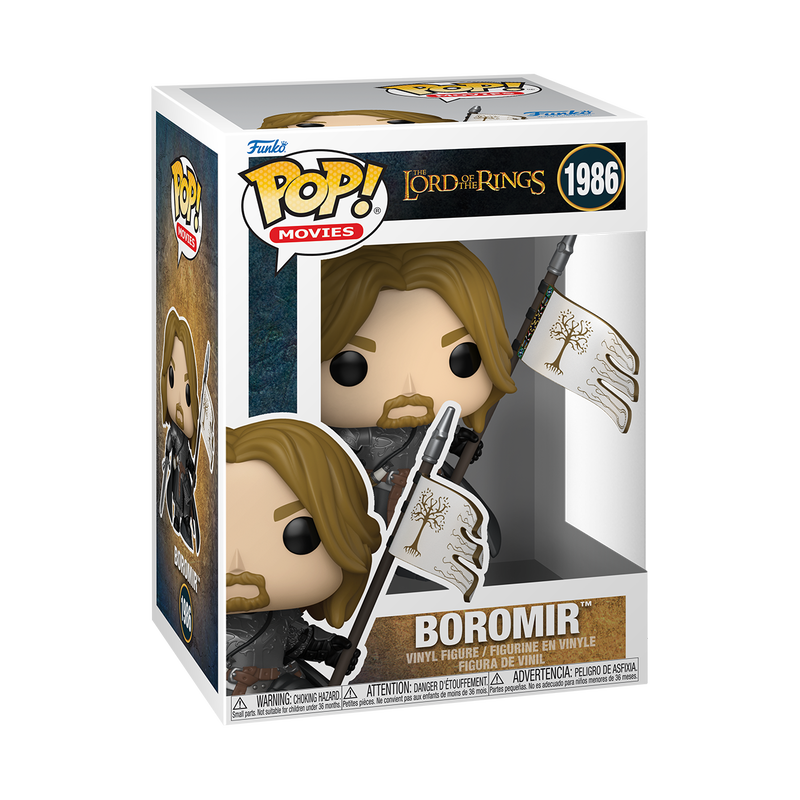 Funko POP! Lord of the Rings: Boromir (#1986) by Funko features a figure with long brown hair and a beard, dressed in medieval armor, holding a sword in one hand and a white flag with a tree emblem in the other, standing atop a rocky base.