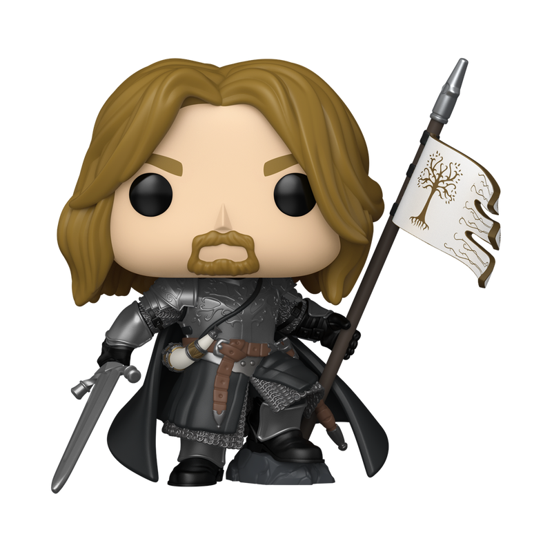 Funko POP! Lord of the Rings: Boromir (#1986) by Funko features a figure with long brown hair and a beard, dressed in medieval armor, holding a sword in one hand and a white flag with a tree emblem in the other, standing atop a rocky base.