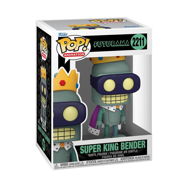 Funko POP! Futurama: Super King Bender (#2211) by Funko features a stylized cartoon robot in a royal outfit, complete with a yellow gemmed crown, purple cape with white trim, and glowing yellow eyes.