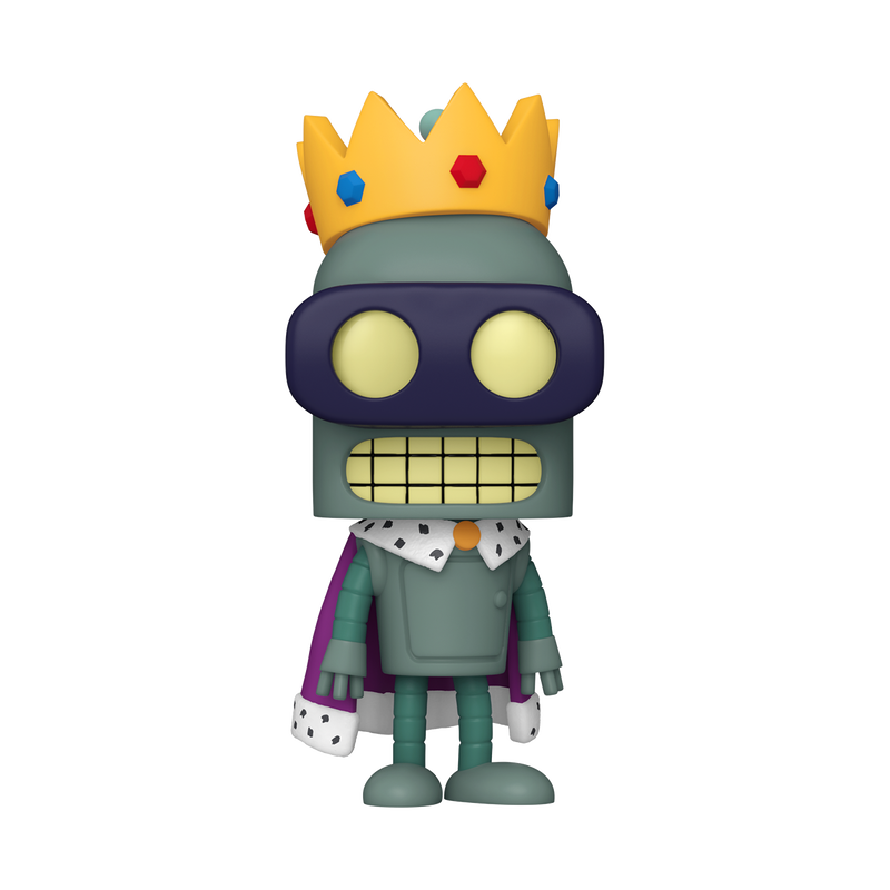 Funko POP! Futurama: Super King Bender (#2211) by Funko features a stylized cartoon robot in a royal outfit, complete with a yellow gemmed crown, purple cape with white trim, and glowing yellow eyes.