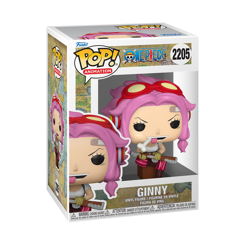 Funko POP! One Piece: Ginny with Rifle (#2205) by Funko features a figure with pink hair, red goggles, and a bandage on the forehead. Ginny is holding a rifle, wearing gloves, and sports a playful expression with her tongue out and a bone in her mouth.