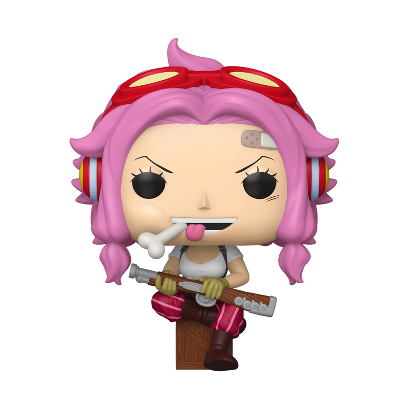 Funko POP! One Piece: Ginny with Rifle (#2205) by Funko features a figure with pink hair, red goggles, and a bandage on the forehead. Ginny is holding a rifle, wearing gloves, and sports a playful expression with her tongue out and a bone in her mouth.