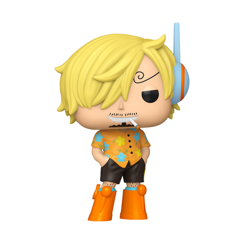 Introducing the Funko POP! One Piece: Sanji (Egghead Arc) - #2167 vinyl figure by Funko, featuring Sanji with blond hair, a swirl eyebrow, an orange floral shirt, black shorts, orange boots, and a blue headset—standing with one hand in his pocket and an unimpressed expression.