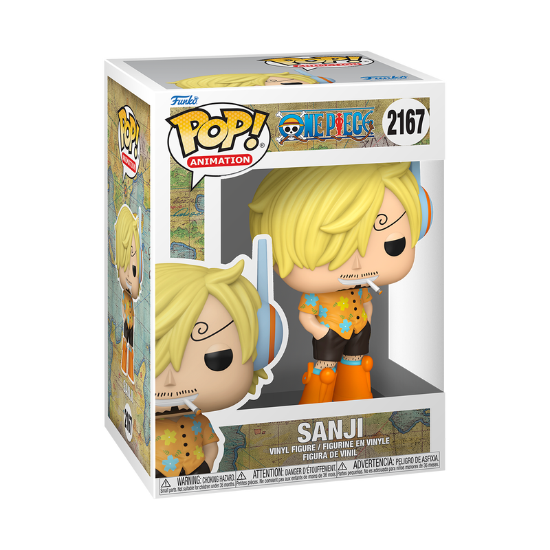 Introducing the Funko POP! One Piece: Sanji (Egghead Arc) - #2167 vinyl figure by Funko, featuring Sanji with blond hair, a swirl eyebrow, an orange floral shirt, black shorts, orange boots, and a blue headset—standing with one hand in his pocket and an unimpressed expression.