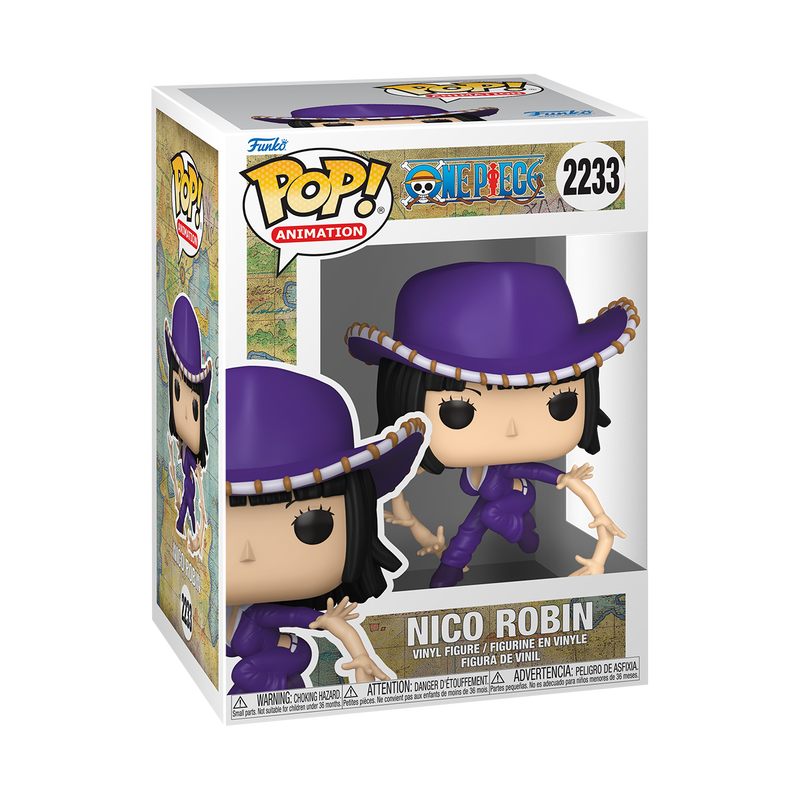 Funko POP! One Piece: Nico Robin (Hana Hana no Mi) - #2233 from Funko features a vinyl figure of Nico Robin, depicted with black hair, large black eyes, and a small nose. She is dressed in a purple outfit with a wide-brimmed hat, and has extra arms sprouting from her body in dynamic poses.