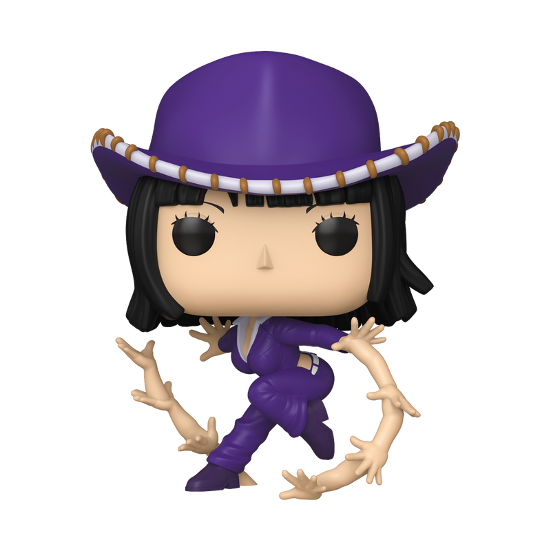 Funko POP! One Piece: Nico Robin (Hana Hana no Mi) - #2233 from Funko features a vinyl figure of Nico Robin, depicted with black hair, large black eyes, and a small nose. She is dressed in a purple outfit with a wide-brimmed hat, and has extra arms sprouting from her body in dynamic poses.