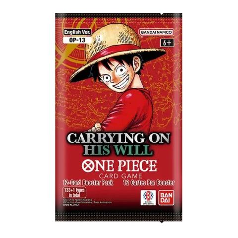 A Bandai One Piece Card Game: OP13: Carrying on His Will Booster Pack featuring Monkey D. Luffy.