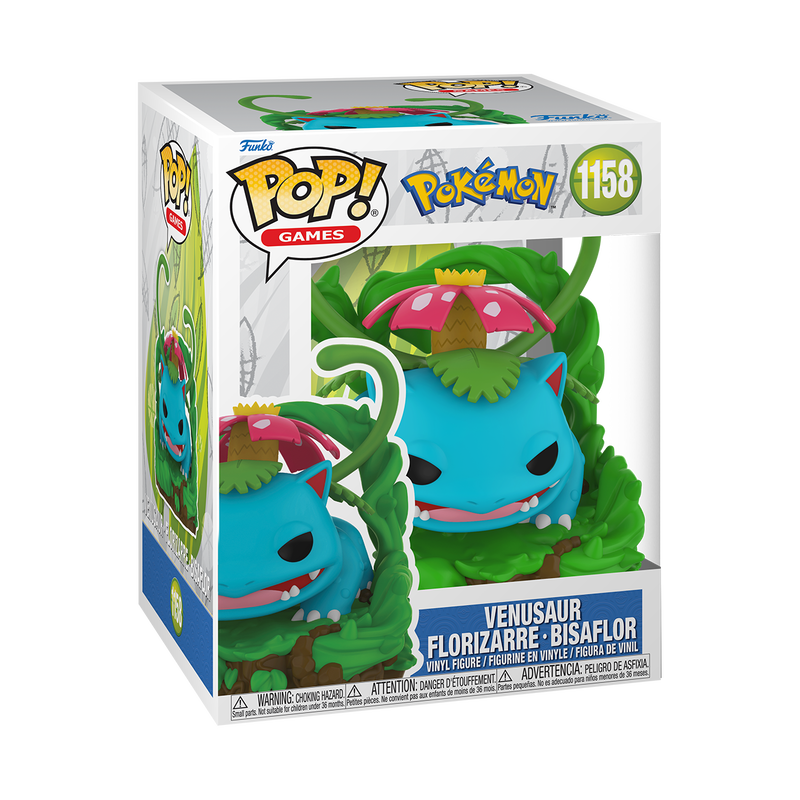 Funko POP! Pokemon: Premium Venusaur - #1158 figurine featuring a large pink flower on its back, surrounded by vines on a forest-themed base.
