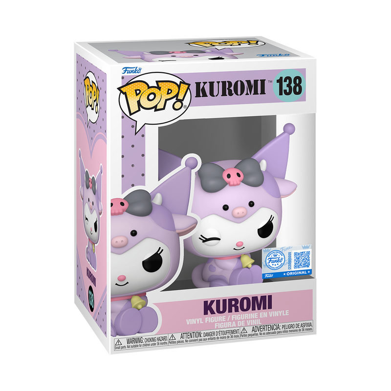 The Funko POP! Sanrio: Kuromi Cow Cosplay (#138) by Funko features the beloved Sanrio character Kuromi in an adorable cow-themed outfit, highlighted with purple and white accents, a large bow, a playful winking expression, and posed sitting down.