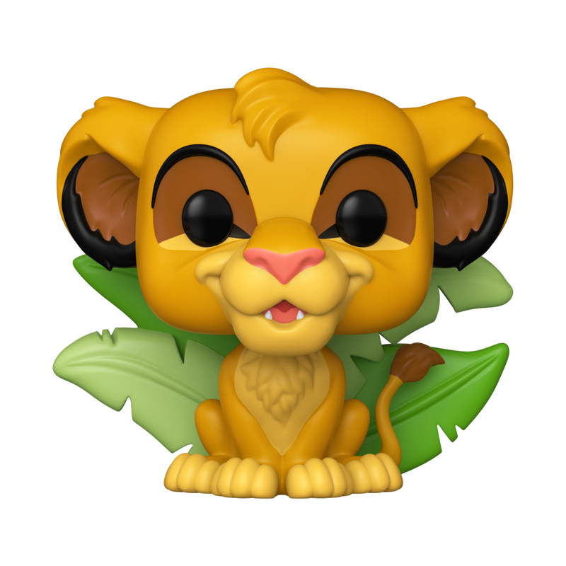 A Funko POP! Disney: Simba - #1733 vinyl figure by Funko features a young lion with large eyes, tan fur, and big ears sitting in front of green leaves, capturing the iconic cartoon look.