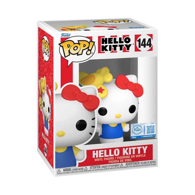 A Funko POP! Sanrio: Hello Kitty with Airplane Balloon (#144) figure by Funko, featuring Hello Kitty in a blue dress and red bow, holding three balloons shaped like a yellow airplane, a red balloon, and a smiling sun.