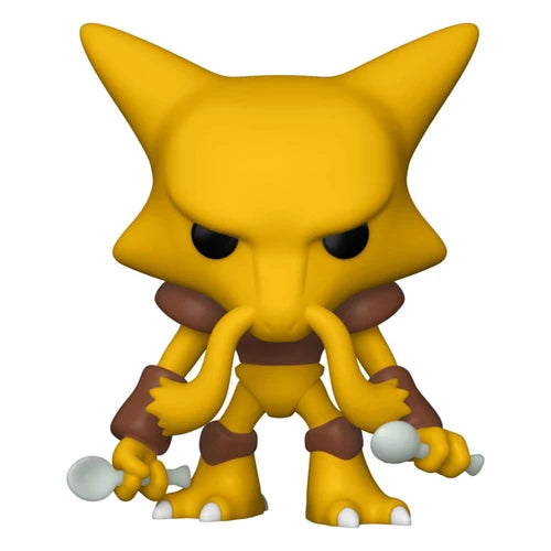 Yellow Funko POP! Pokemon: Alakazam #855 figure holding a silver spoon in each hand.