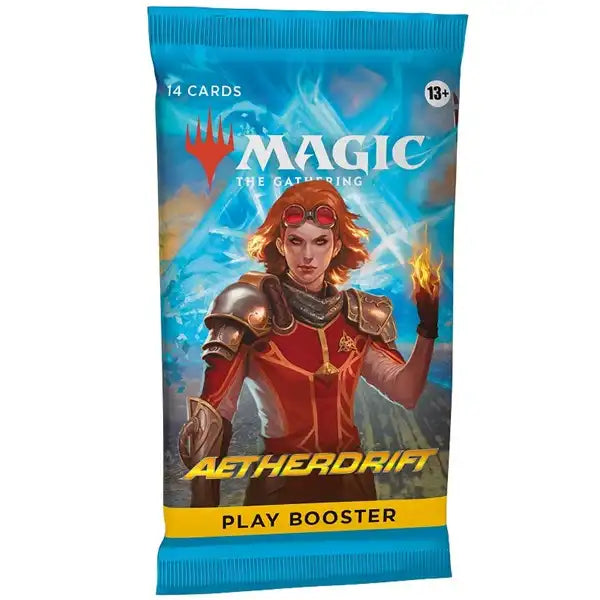 The Wizards of the Coast Magic the Gathering: Aetherdrift Play Booster Pack features a striking design with a red-haired character in red armor conjuring flames. Each pack contains 14 cards and is recommended for ages 13 and up.