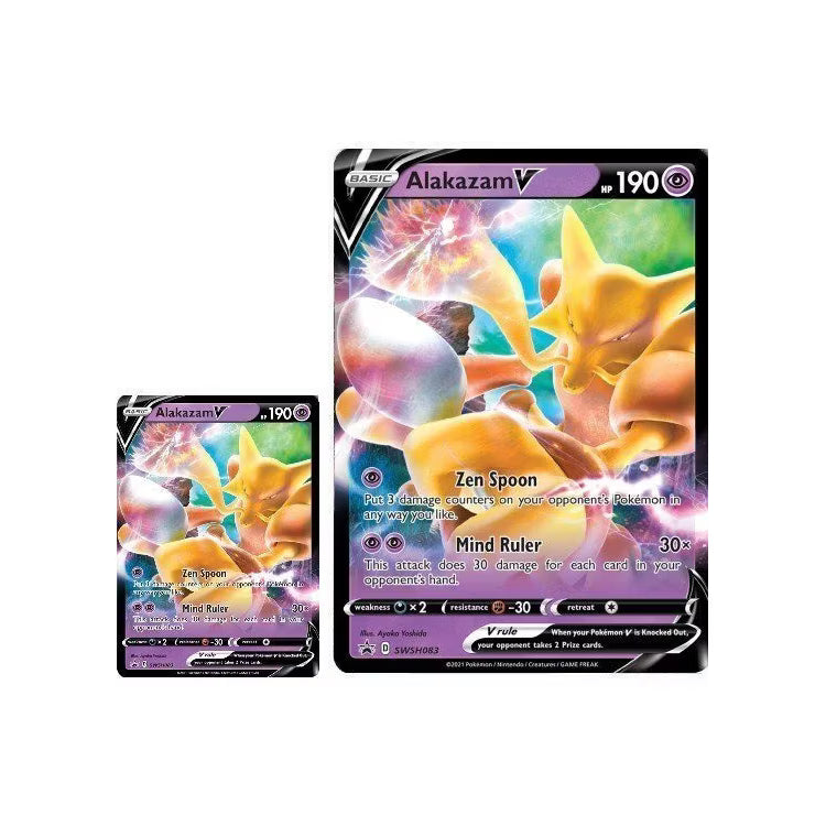 The Pokémon TCG: Alakazam V Box by The Pokémon Company includes a special Alakazam V promo card, an oversized Alakazam V card, four Pokémon TCG booster packs, and features packaging with holographic Pikachu and Alakazam artwork.