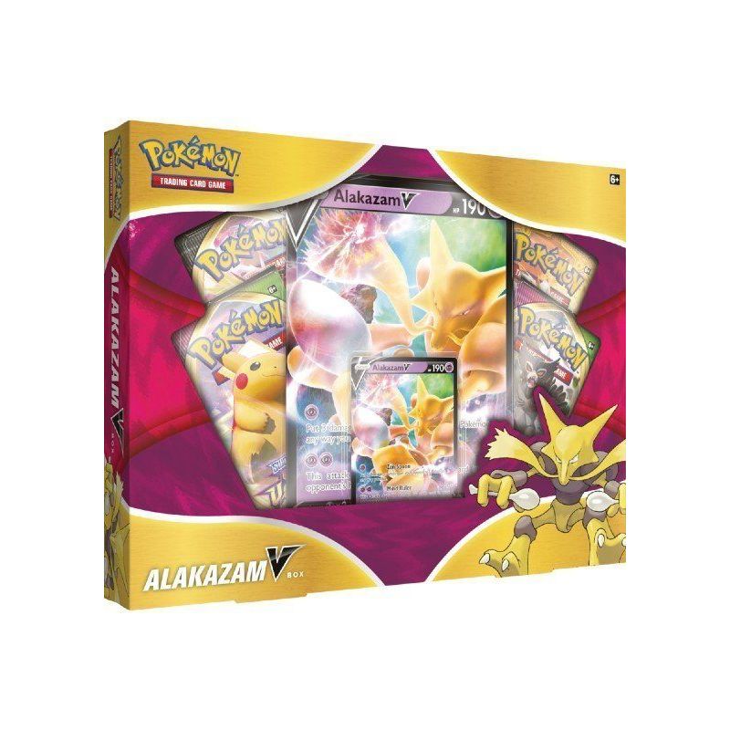The Pokémon TCG: Alakazam V Box by The Pokémon Company includes a special Alakazam V promo card, an oversized Alakazam V card, four Pokémon TCG booster packs, and features packaging with holographic Pikachu and Alakazam artwork.