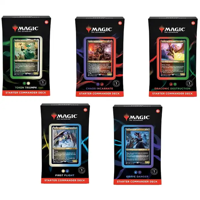 Five Magic: The Gathering - Starter Commander Decks displayed in a row, each featuring a unique character illustration and color-coded theme.