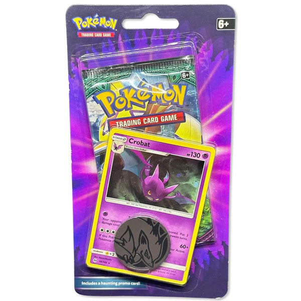 The Pokémon TCG: Special Haunted Edition 1-Pack Blister Crobat/Alolan Persian (Sun & Moon) by The Pokémon Company includes a Crobat promo card, themed metal coin, booster pack, and is rated 6+, displayed on a purple background.