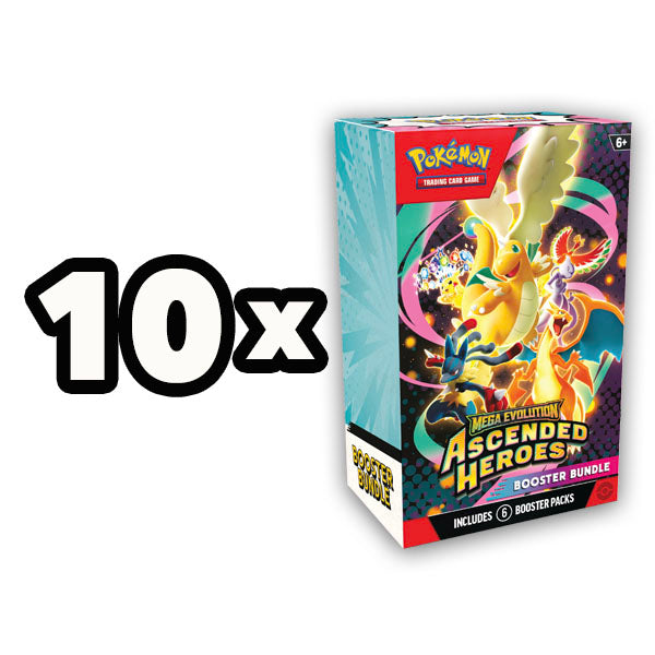 Image of The Pokémon Company’s Pokémon TCG: Ascended Heroes Booster Bundle Display, featuring vibrant Pokémon artwork and large “10x” text to showcase this special display bundle containing 10 booster boxes.