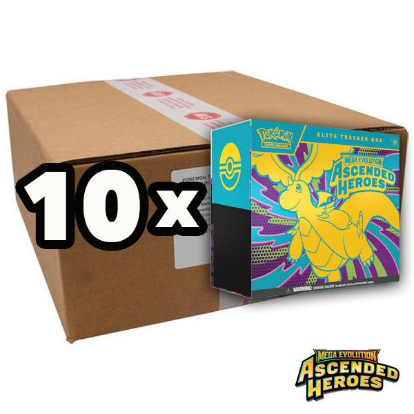A case of Pokémon TCG: Ascended Heroes Elite Trainer Boxes from The Pokémon Company, marked with a "10x" overlay, sits next to a vibrant Ascended Heroes Elite Trainer Box featuring dynamic Mega Evolution artwork. The Ascended Heroes logo is displayed in the bottom right corner.