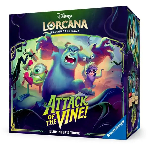 Ravensburger’s Disney Lorcana: Attack of the Vine Illumineer's Trove box showcases Monsters, Inc. characters Sulley, Mike, and Boo among glowing vines and a magical dark backdrop—a must-have for true Disney Lorcana fans.
