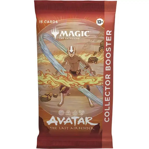 A Magic: The Gathering - Avatar The Last Airbender Collector Booster Pack featuring Aang manipulating air and fire elements, with the series title Avatar: The Last Airbender at the bottom.