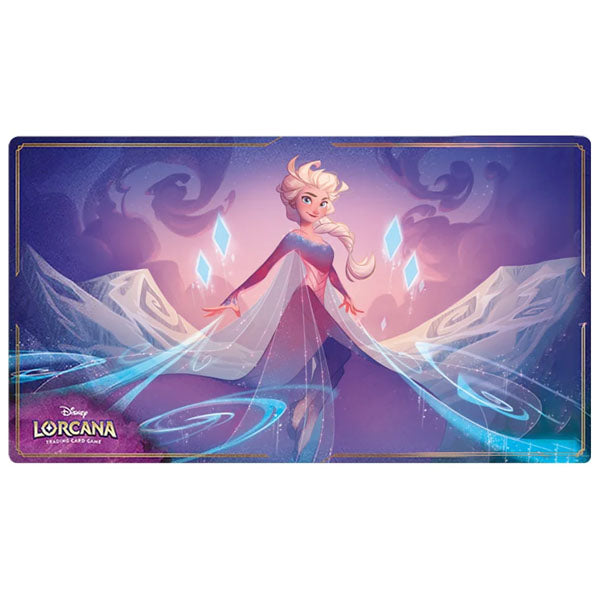 The Disney Lorcana: Azurite Sea Playmat by Ravensburger features Elsa amid swirling magical ice on a mystical purple background, with the Disney Lorcana logo in the corner—ideal for displaying your spillekort.