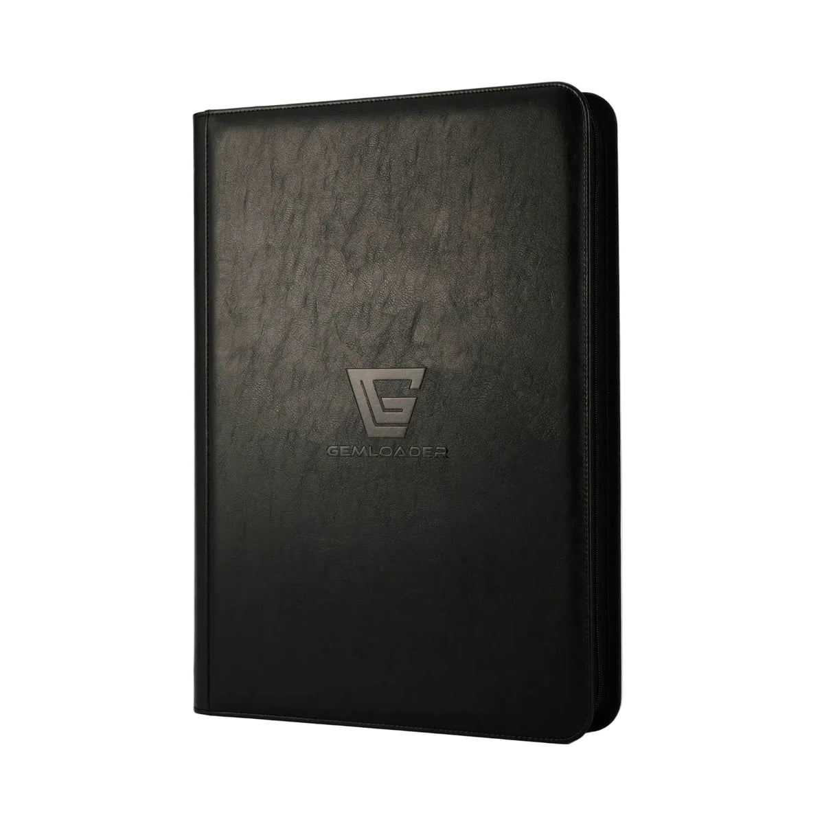 The Gemloader: Premium Samlekortmappe [1024 pockets 4X4] is a black, textured zippered case with a debossed Gemloader logo and GL emblem—perfect for TCG/CCG opbevaring, shown upright against a white background.