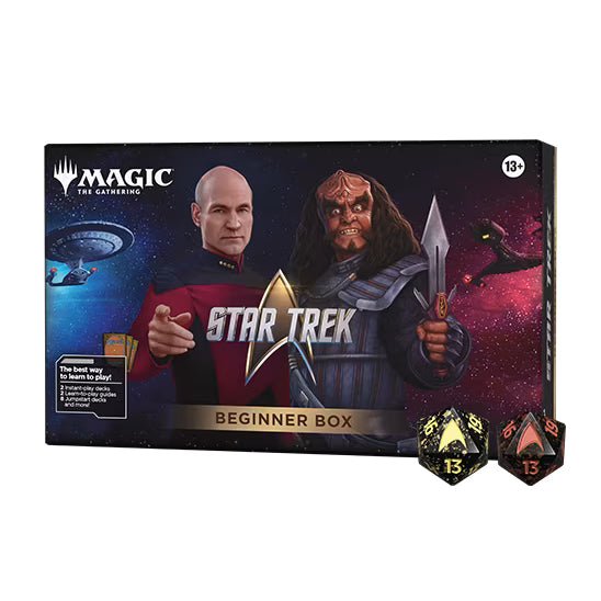 Magic: The Gathering - Star Trek Beginner Box featuring Captain Picard and a Klingon warrior against a space background, including two decks and two play guides.
