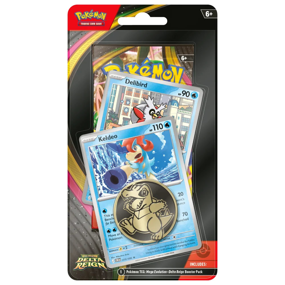 The Pokémon TCG: Delta Reign – Keldeo & Delibird Premium Checklane Blister by The Pokémon Company includes visible Keldeo and Delibird cards, a round metallic coin featuring a dinosaur-like Pokémon, and packaging with official Pokémon branding for ages 6+.