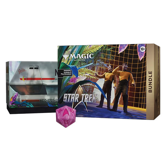 Experience the Magic: The Gathering - Star Trek Bundle from Wizards of the Coast—a Universes Beyond crossover showcasing two legendary Star Trek officers on a holodeck with futuristic plants. This collector’s set comes with 9 play boosters filled with exclusive Star Trek Magic cards, recommended for ages 13 and up.