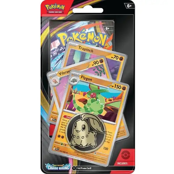 The Pokémon TCG: Chaos Rising Premium Checklane Blister Pack from The Pokémon Company features three cards—Flygon, Vibrava, and Trapinch—and includes a metal coin with a Chikorita design. This pack comes in clear plastic packaging labeled Pokémon Trading Card Game and Sun & Moon: Cosmic Eclipse.