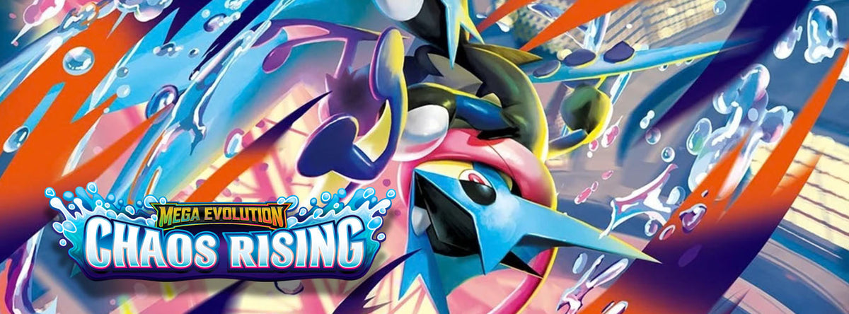 Colorful, dynamic illustration of a blue and pink armored creature with sharp fins and yellow accents, bursting through water with orange streaks. Mega Evolution: Chaos Rising text logo appears in the bottom left corner.
