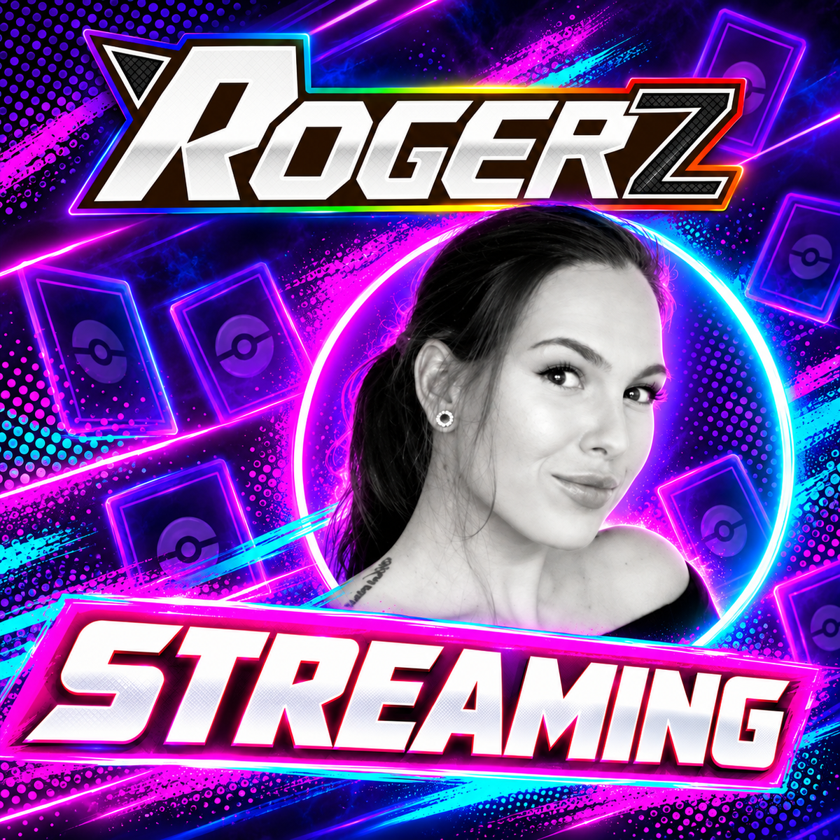 A woman in a circular frame set against a background of floating Pokémon TCG Destined Rivals cards, with the text ROGERZ above and [STREAMING] Aida - 30/09/2026 (Pokémon/Lorcana/One Piece) below in a bold, stylized font.