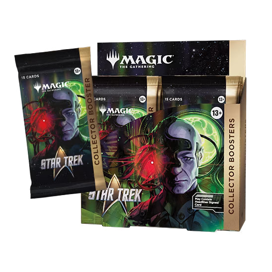 The Magic: The Gathering – Star Trek Collector Booster Display by Wizards of the Coast features striking sci-fi artwork of a Borg character. Part of the Universes Beyond series and suitable for ages 13 and up, this display contains card packs and is labeled “May Contain Headliner Signed Card.”.