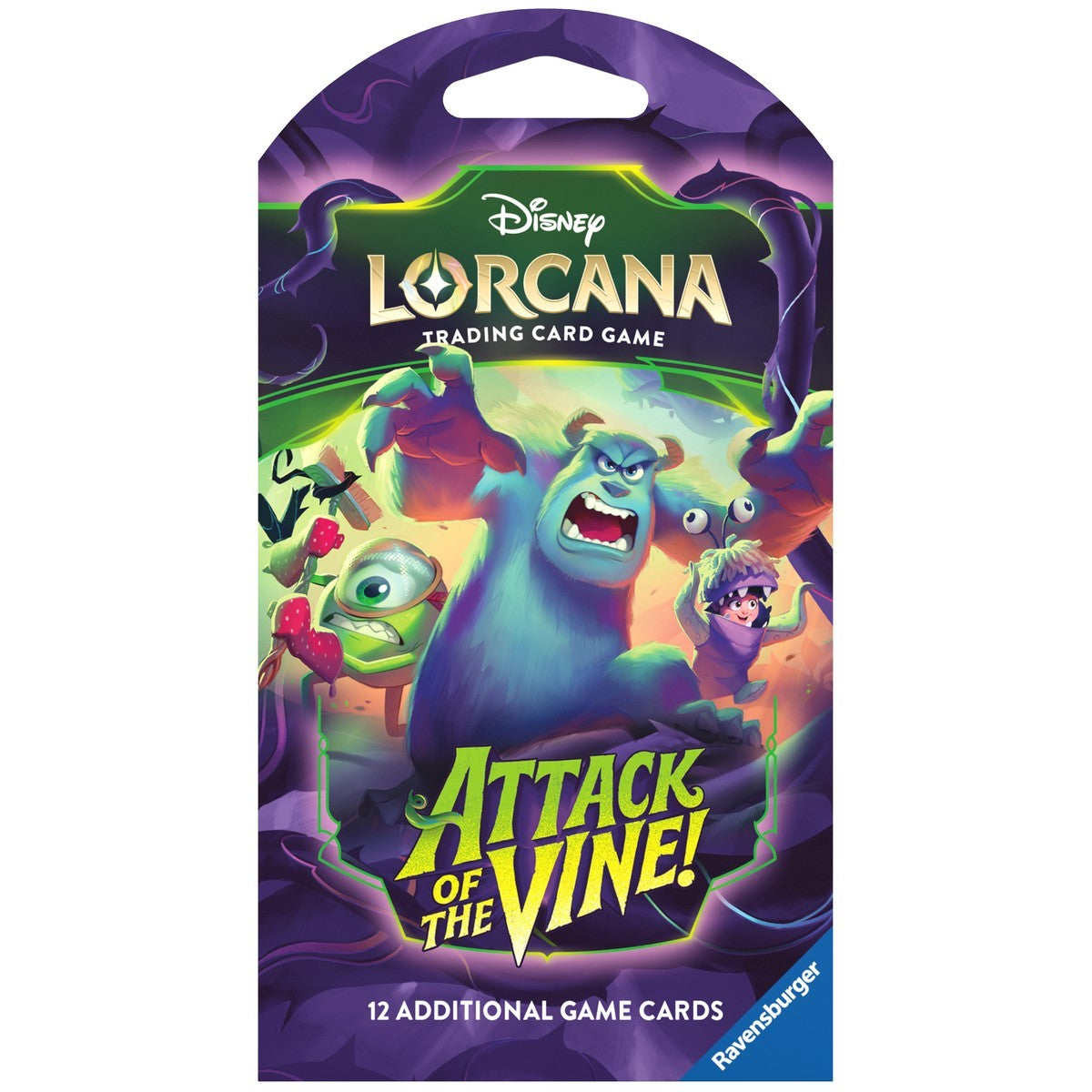 The Disney Lorcana: Attack of the Vine Sleeved Booster Pack by Ravensburger features Sulley battling green vines, includes 12 additional game cards, and showcases vibrant purple artwork. Part of Lorcana Set 13.