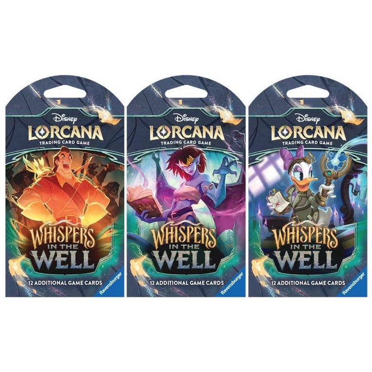 Three Ravensburger Disney Lorcana: Whispers In The Well Sleeved Booster Packs, each with 12 cards and featuring art of Gaston, Daisy Duck, and a purple-haired woman.