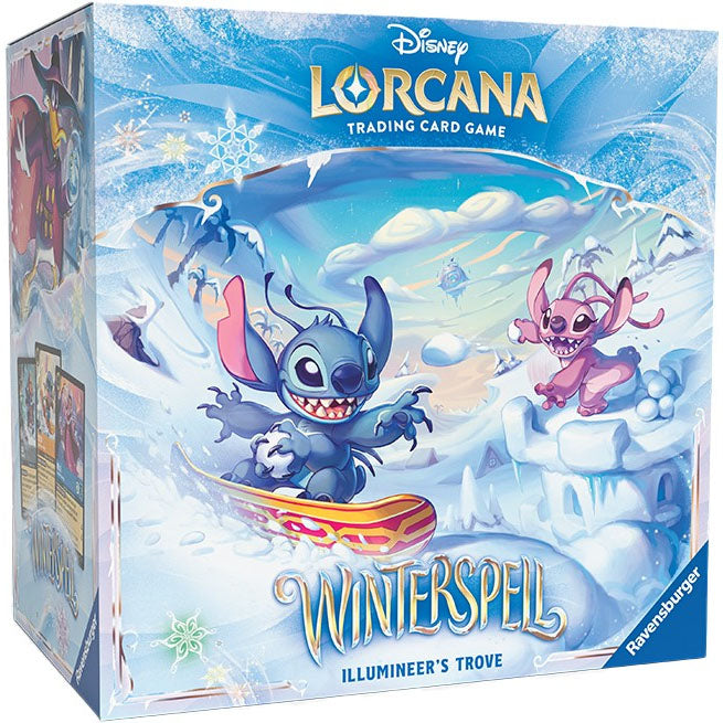 Disney Lorcana: Winterspell Illumineer's Trove by Ravensburger features Stitch and Angel snowboarding in a snowy, wintry landscape with festive decorations and the Ravensburger logo in the corner.